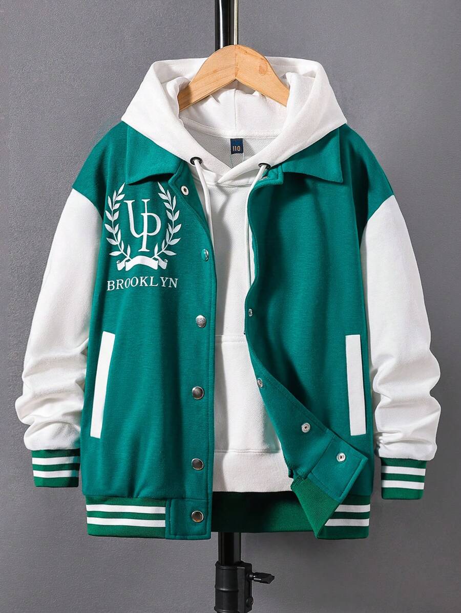 Adolescent Garçon Veste Universitaire À Lettres À Ourlet À Rayures Épaule tombante Bicolore Sans Sweat-Shirt À Capuche