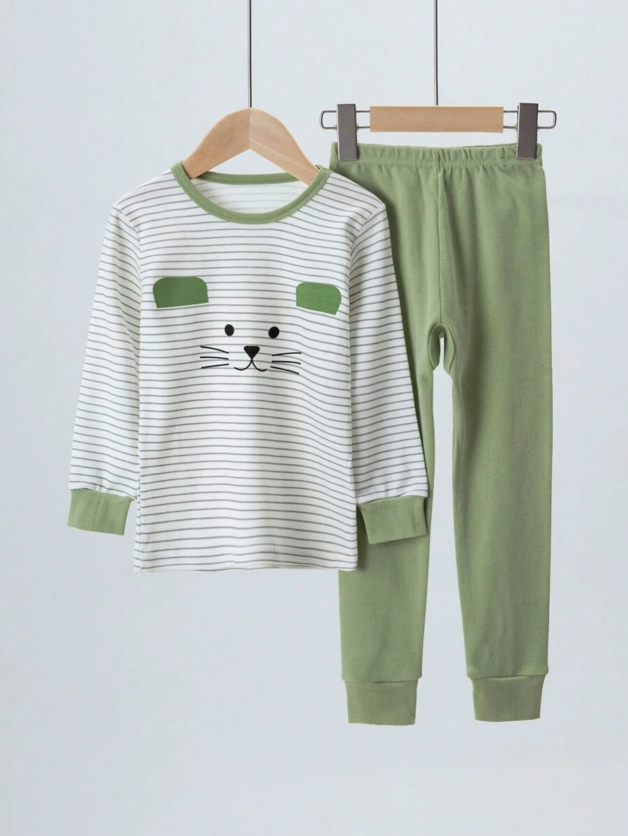 2 Stücke gestrickter Kleine Jungen Pyjama Set, Langarm Shirt & Hose mit Katzen Muster, Thermounterwäsche Anzug für Herbst/Winter