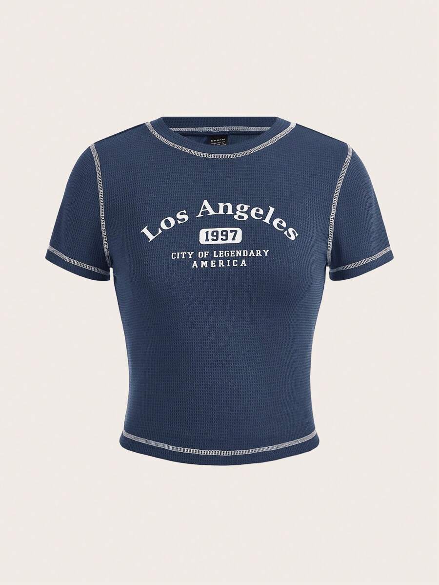 SHEIN EZwear Camiseta con estampado de letra con puntada