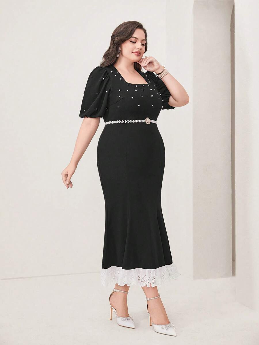 Modelyn Plus Pearls Beaded Puff Sleeve Mermaid Hem Dress