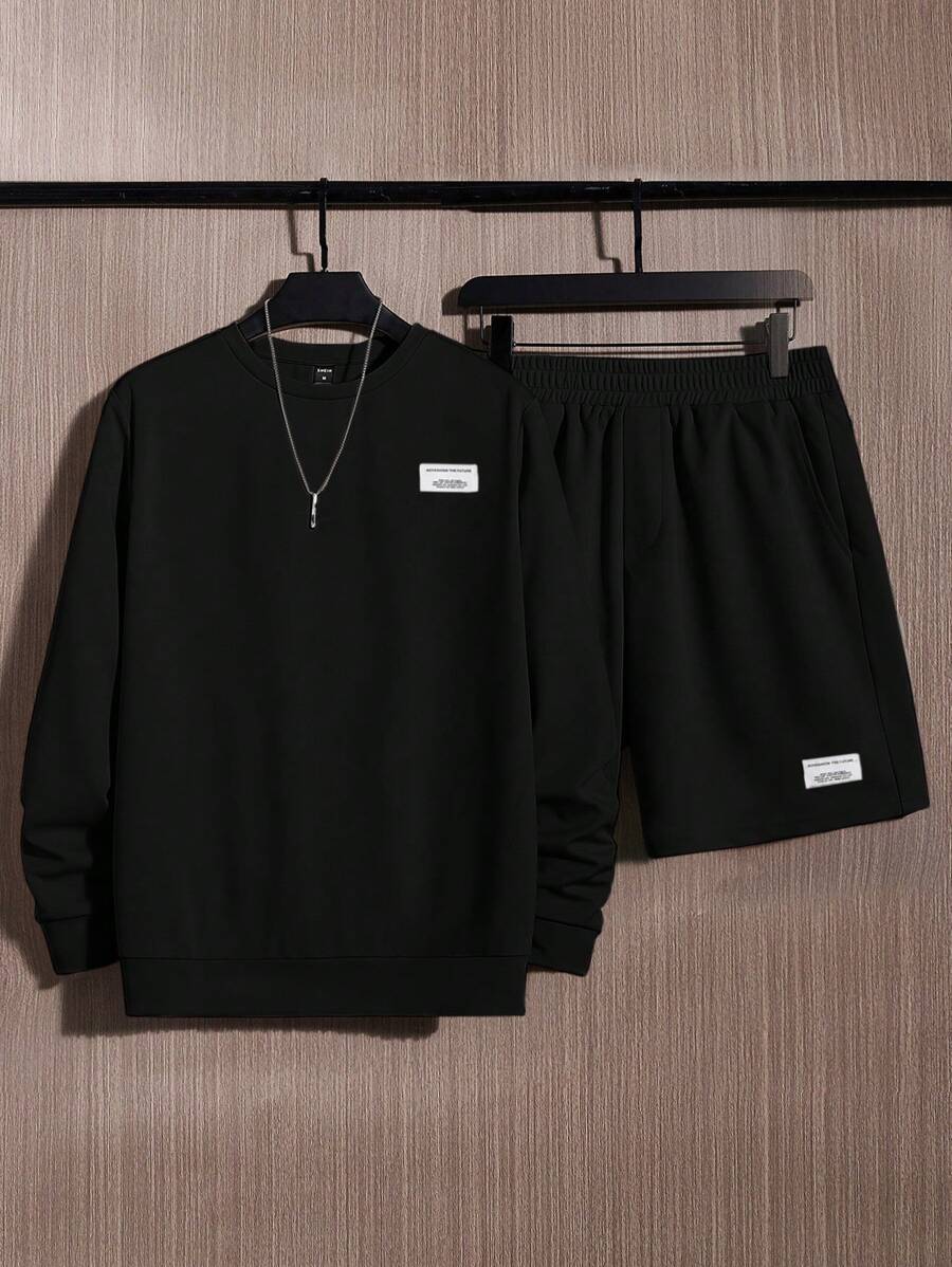 SWAVVY Men Letter Patched Sweatshirt & Shorts