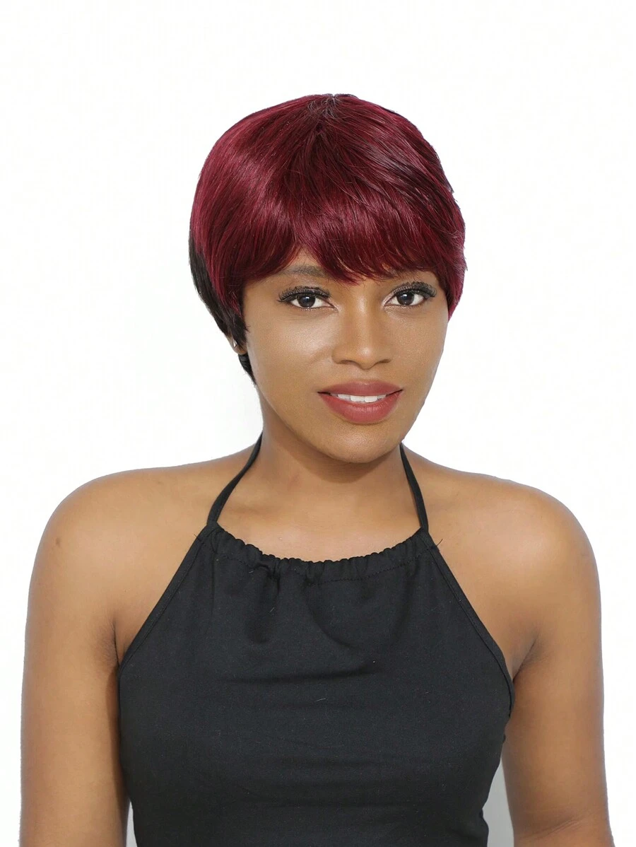 NATURAL/99JC Short Wig With Bangs Pixie Cut Bangs Wig Human Hair Machine Made Wig