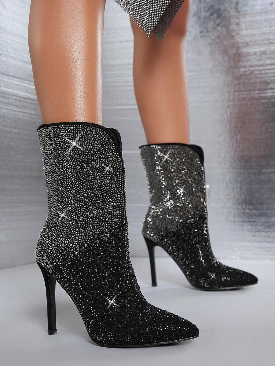 SHUZIA Rhinestone Decor Side Zipper Stiletto Boots
