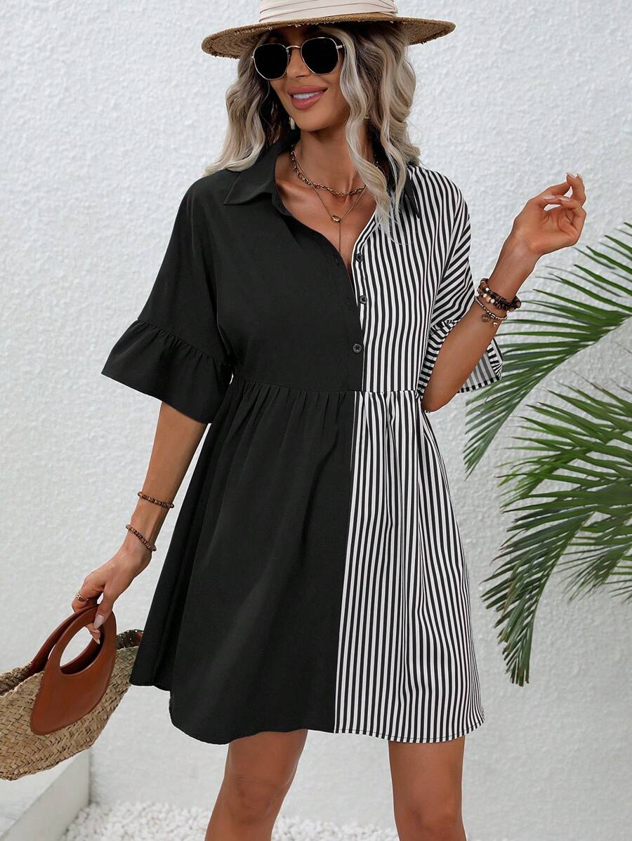 SHEIN Unity Striped Print Flare Sleeve Shirt Dress