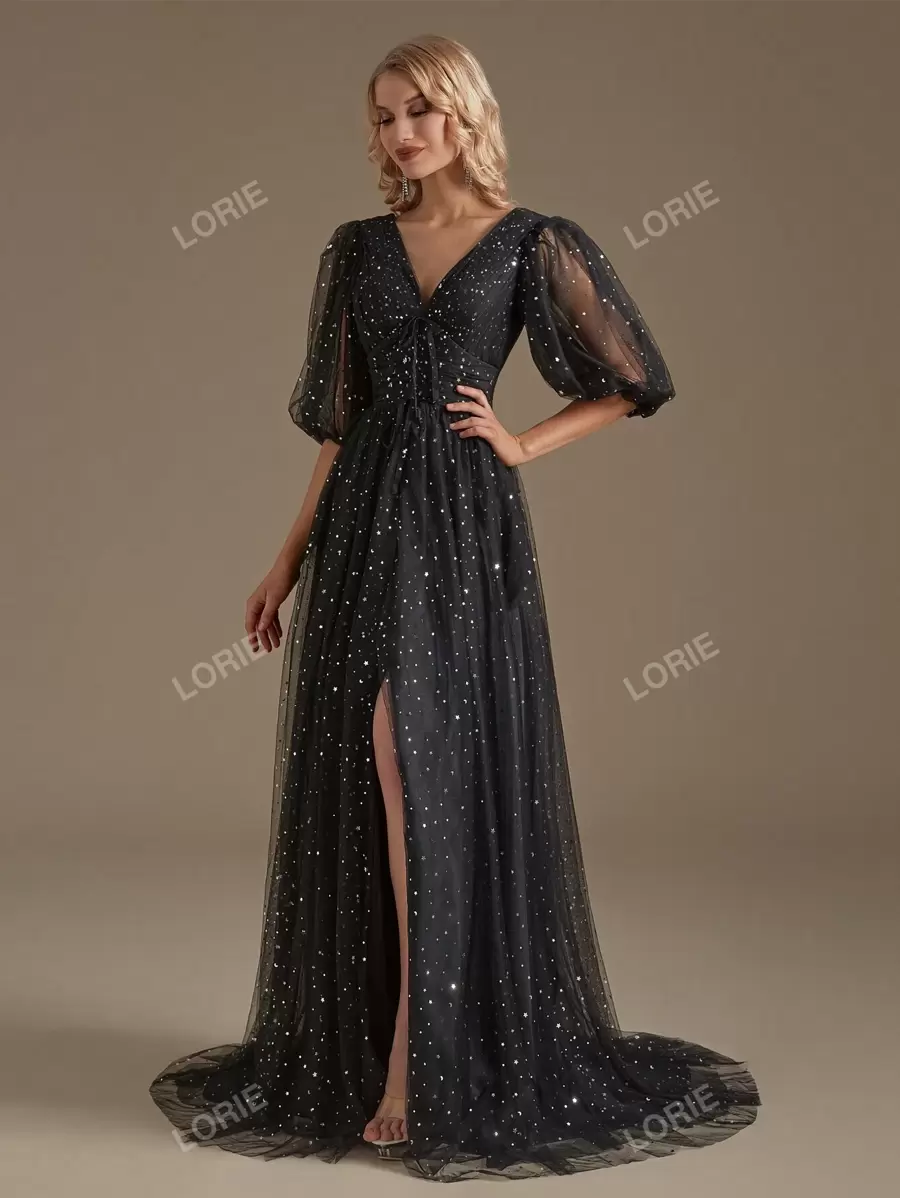 Lantern Sleeve Split Thigh Mesh Formal Dress
