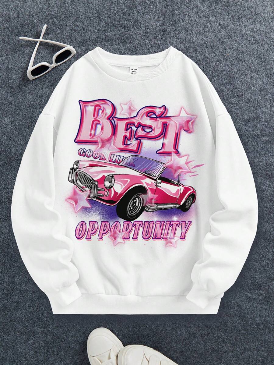 Adolescent Fille Sweat-shirt Voiture Et Lettre Épaule tombante À Doublure En Tissu Duveteux