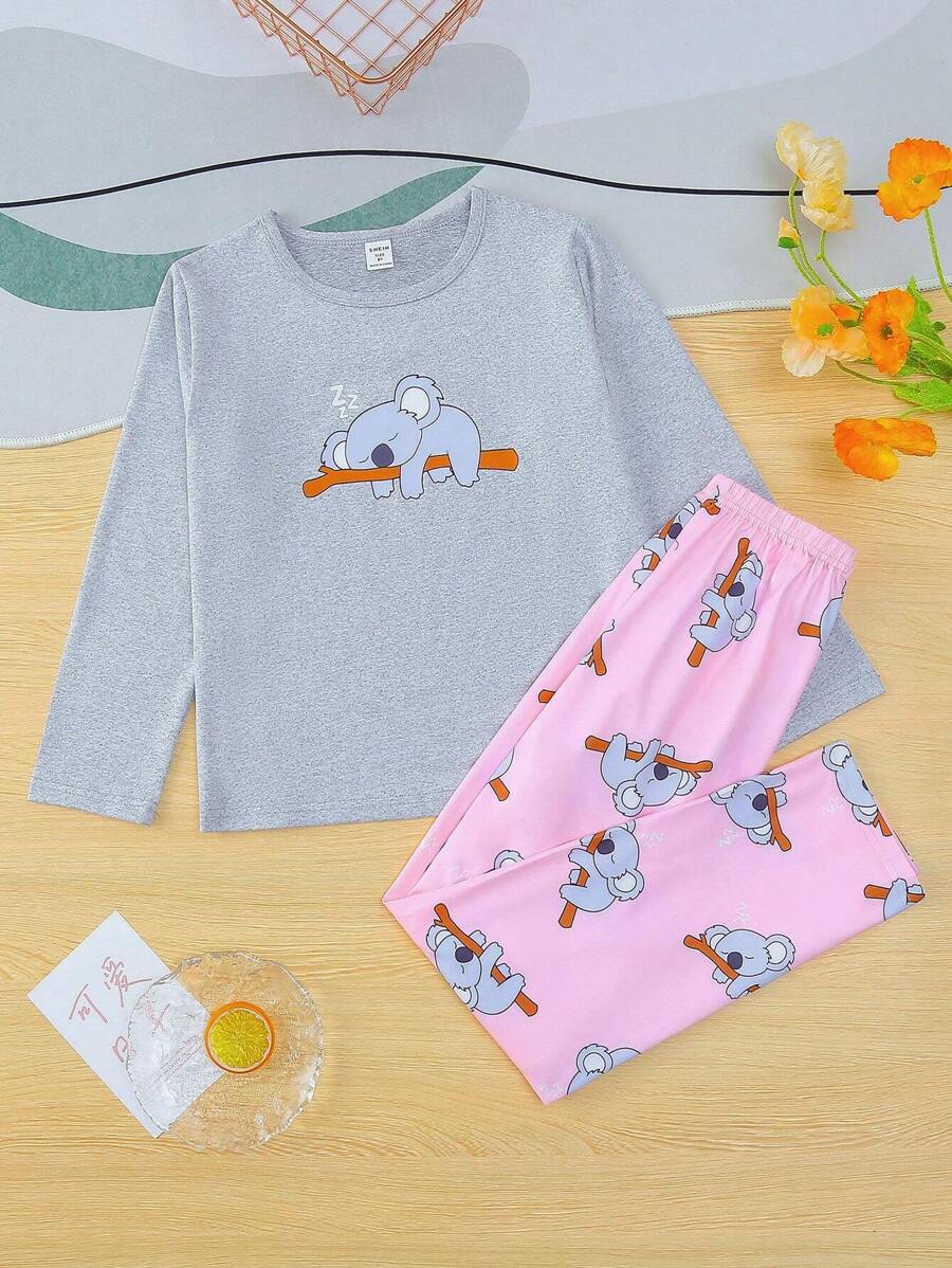 Conjunto de ropa de casa de niña preadolescente con camiseta estampada de koalas y pantalones largos