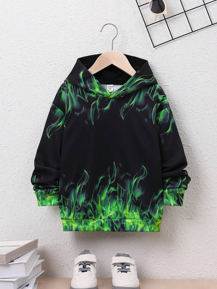 SHEIN Tween Boy Loose Fit College Flame Printed Hooded Knitted Sweatshirt