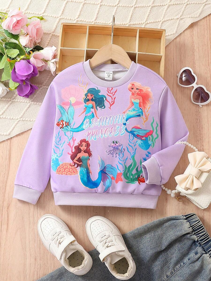 SHEIN Young Girl Mermaid & Letter Graphic Sweatshirt