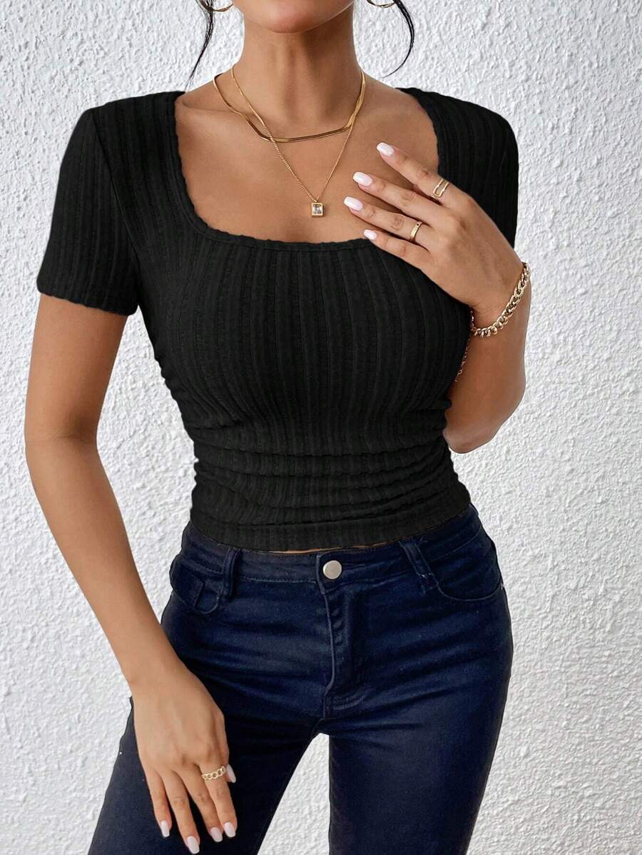 SHEIN Frenchy Square Neck Ruched Side Tee