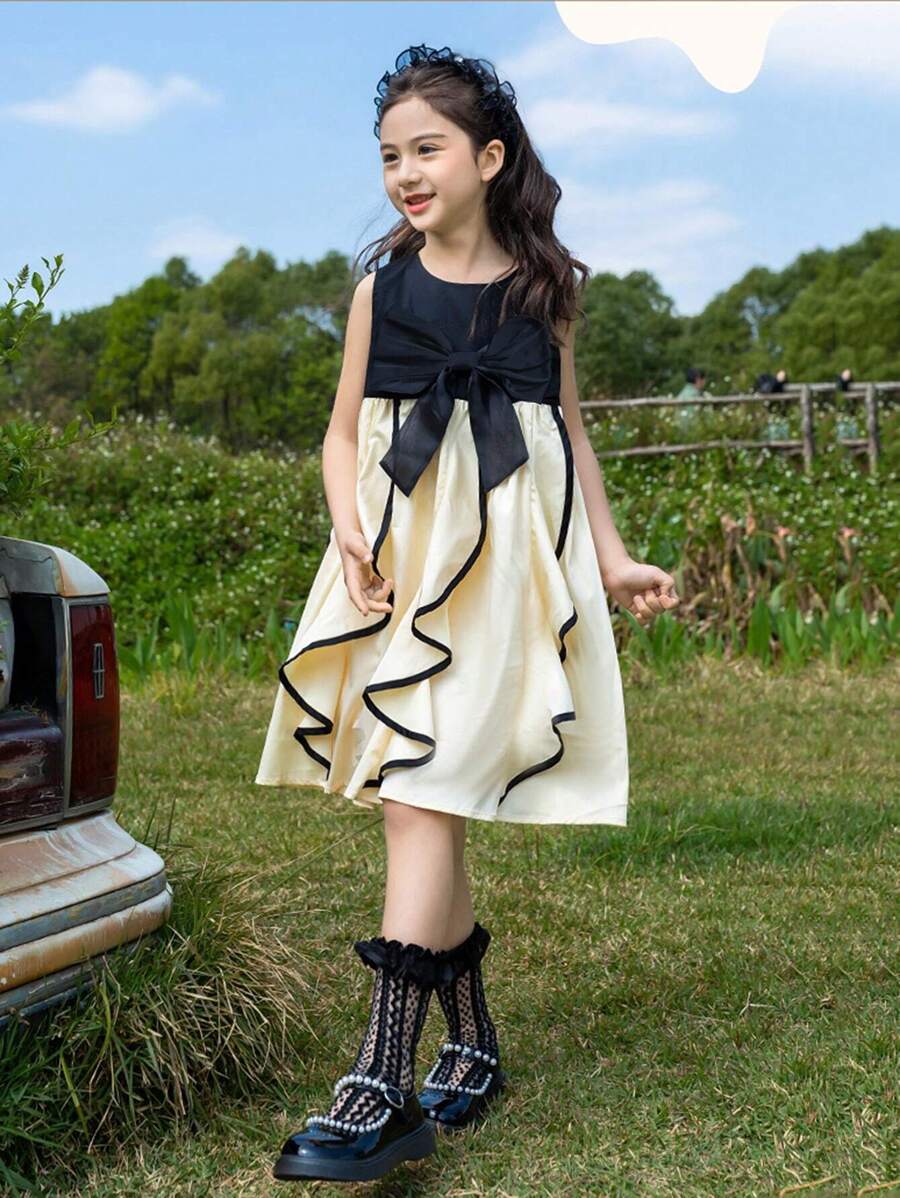 Rochie pentru fetiță, color block, cu decor cu fundă și cu volane, perfectă pentru petreceri