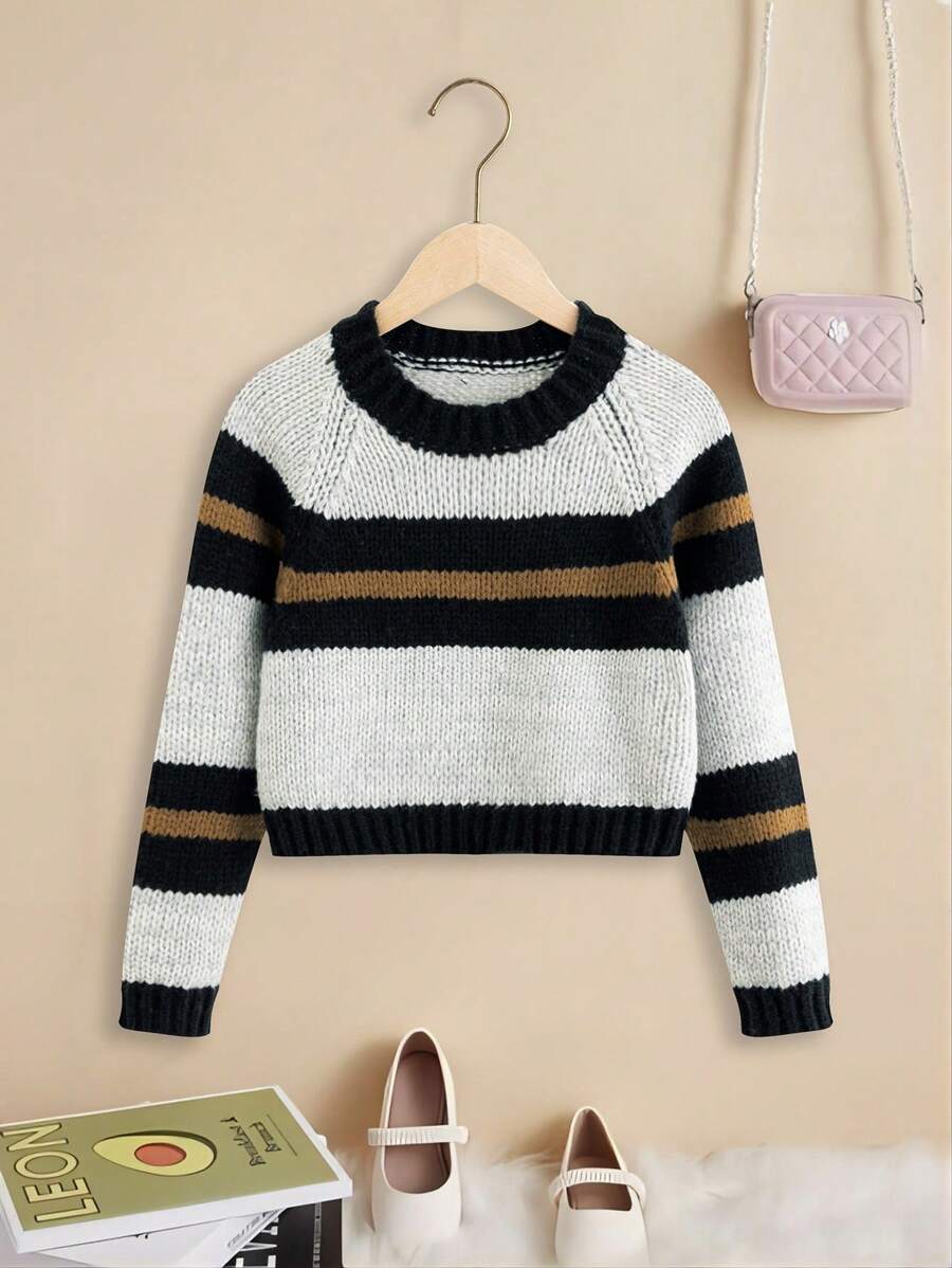 SHEIN Chica preadolescente Jersey con patrón de rayas de manga raglán
