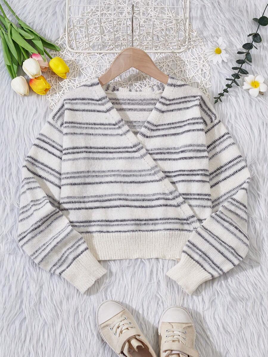 SHEIN Tween Girl Striped Pattern Surplice Neck Drop Shoulder Sweater