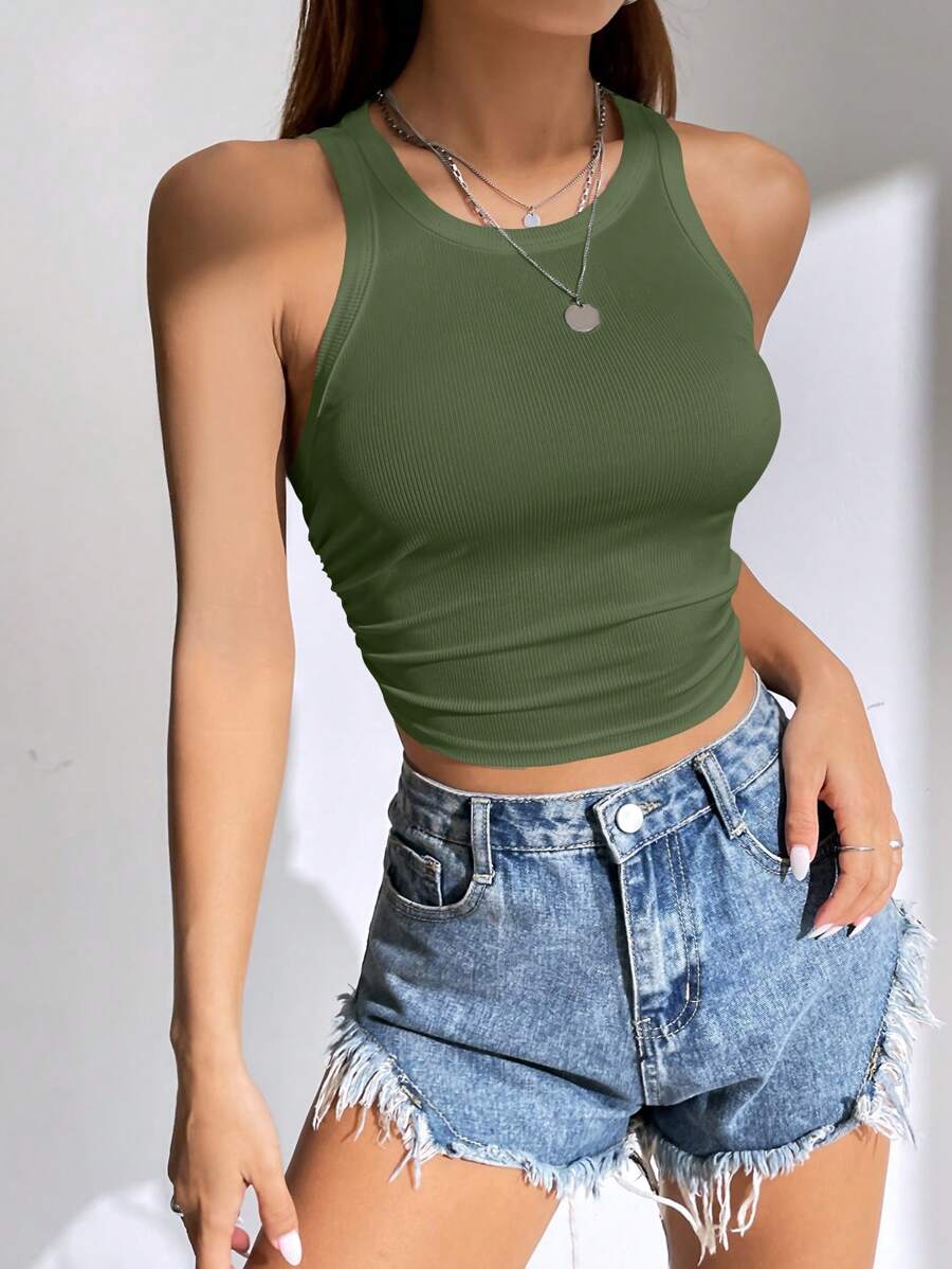 SHEIN EZwear Solid Ruched Side Crop Tank Top
