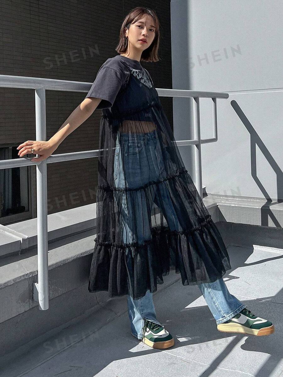 FRIFUL 1 pieza Vestido camisero de gasa con volantes multicapa y superposición de malla transparente