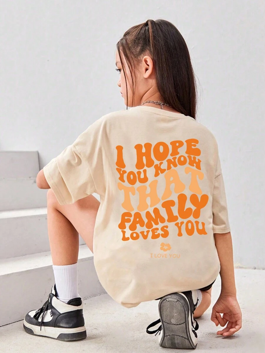 SHEIN Tween Girl Apricot Color Text Slogan z nadrukiem Modna letnia koszulka z krótkim rękawem