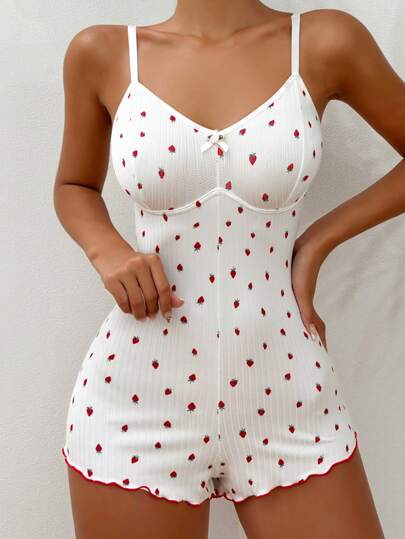 CottageSlumber Strawberry Print Lettuce Trim Cami Romper