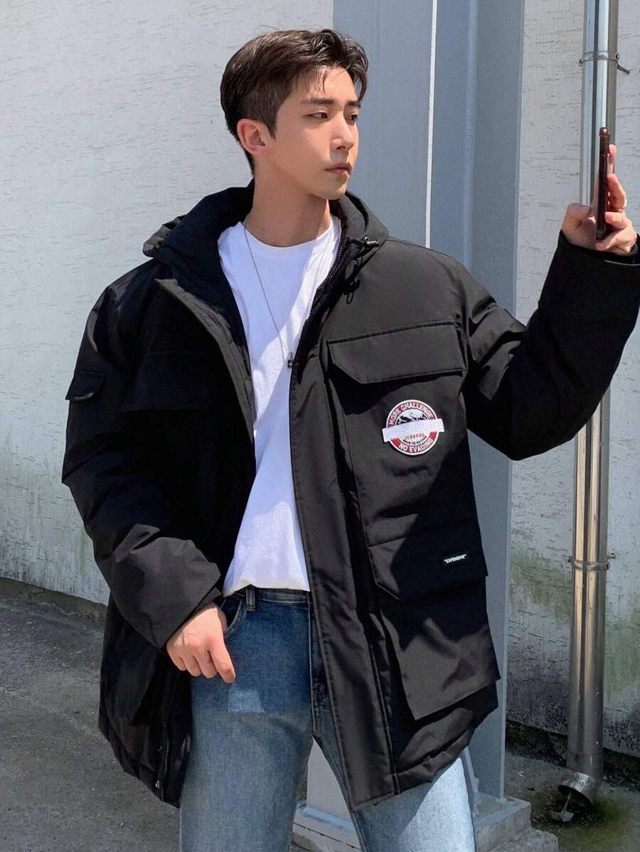 DAZY Manteau matelassé à rabat avec imprimé lettres pour hommes, vêtements d'automne