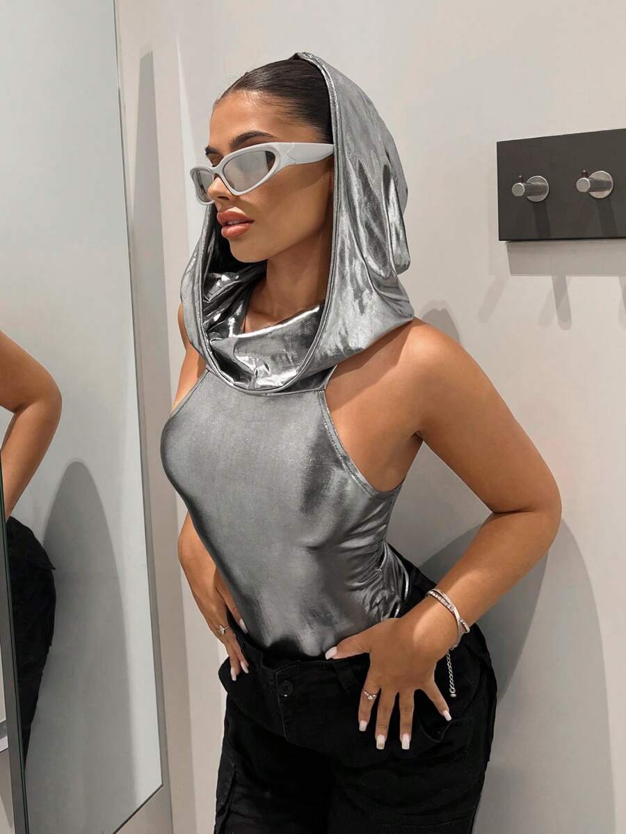 SHEIN ICON Solid Hooded Tank Bodysuit