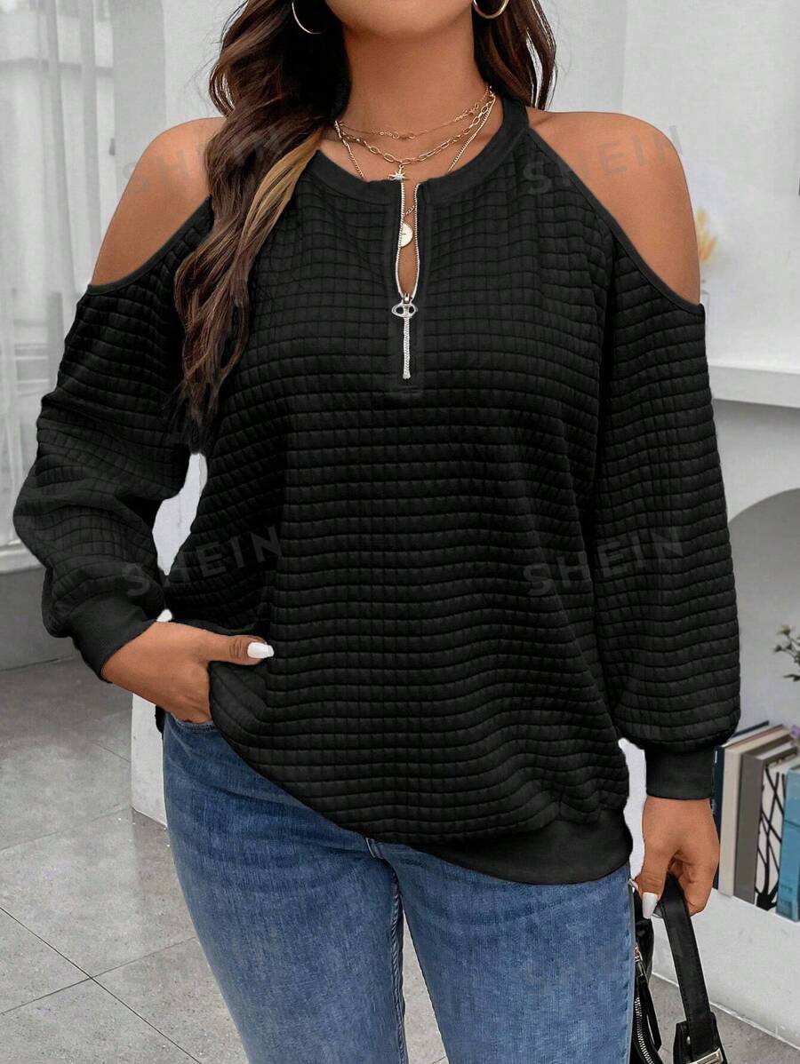 Celure Talla grande Sudadera de hombros descubiertos con cremallera cuarta
