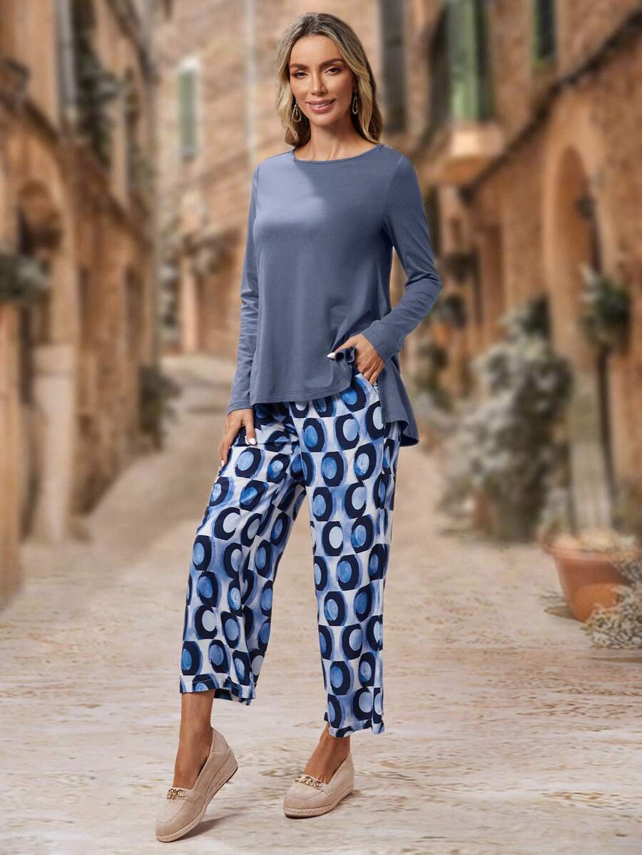 EMERY ROSE Solid Tee & Allover Print Pants