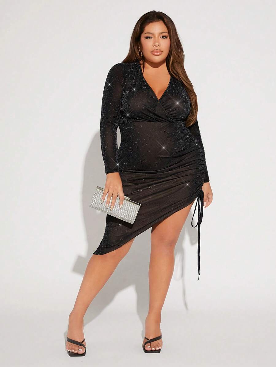 SHEIN SXY SHEIN Plus Zijkant met trekkoord Asymmetrische zoom Glitter jurk Nieuwjaar Avond Sexy Jurken Kerstmis Sexy Club