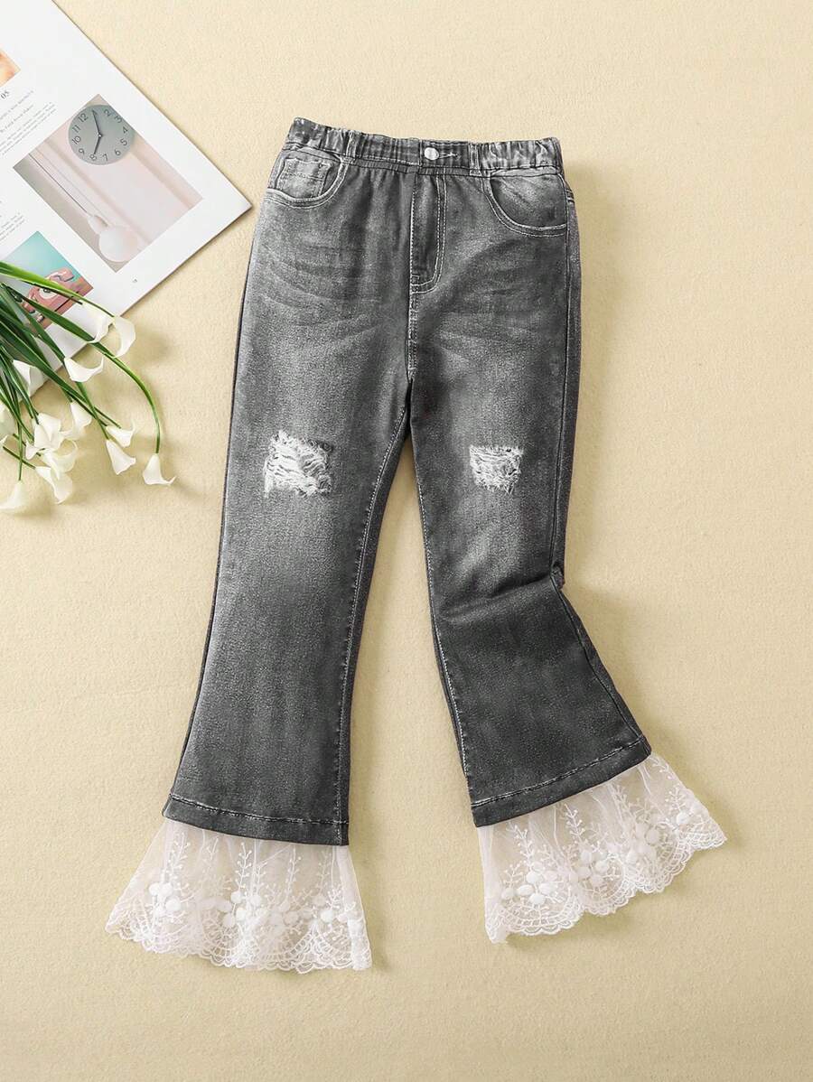SHEIN Young Girl Contrast Lace Flare Leg Pants
