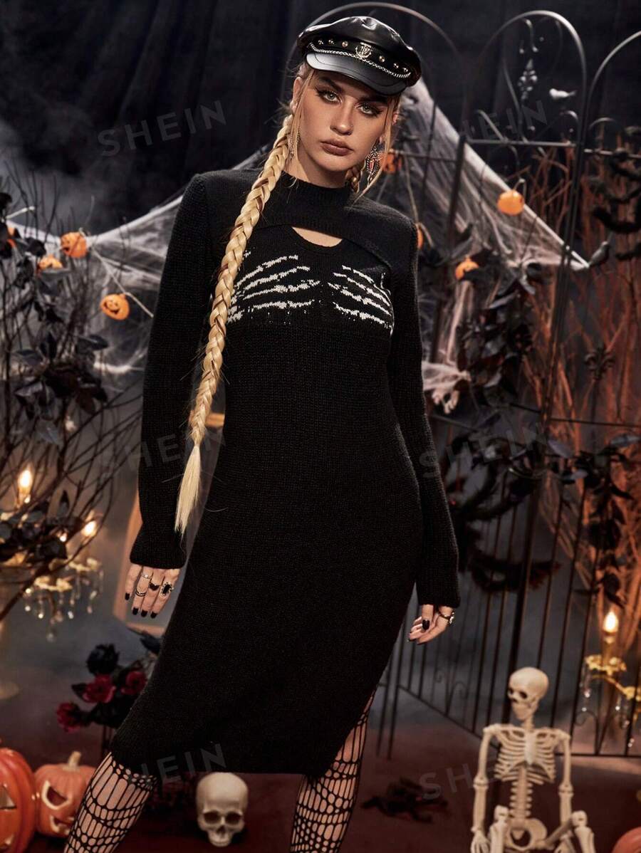 PUNK Vestido de punto Halloween con patrón de esqueleto con abertura de muslo con abertura