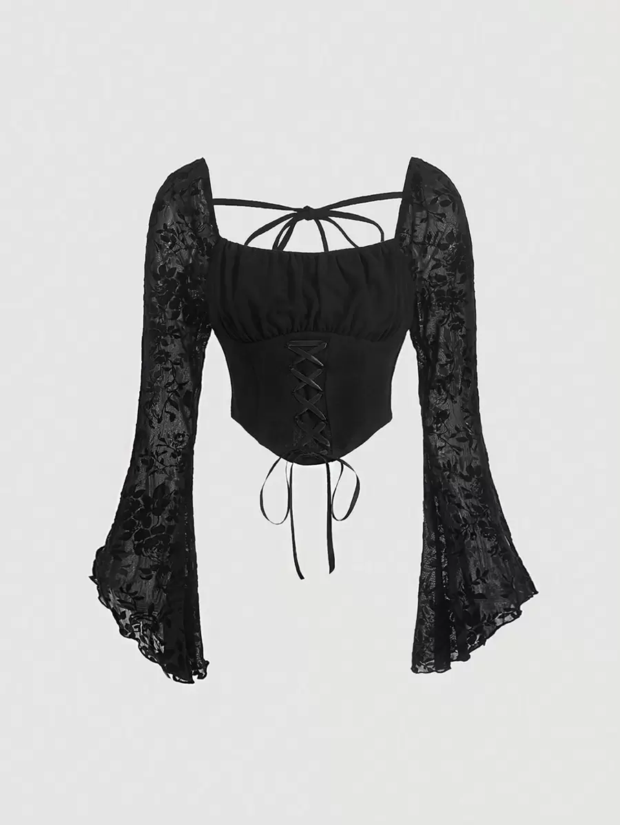 SHEIN MOD Contrast Bloemen Doorschijnend Buste met ruches Veters aan de voorkant Gesplitste mouw Croptop