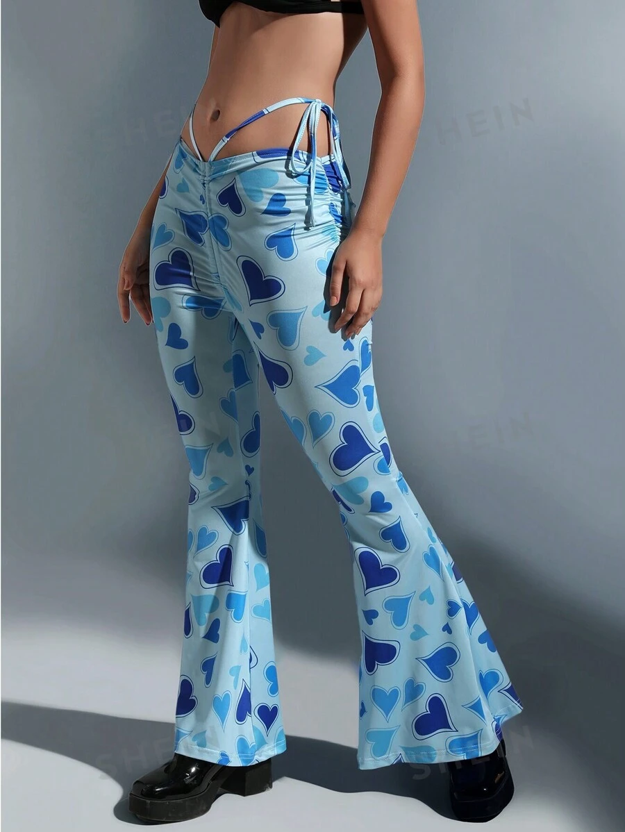 Flirla Pantalones acampanados con estampado de corazón con cordón lateral