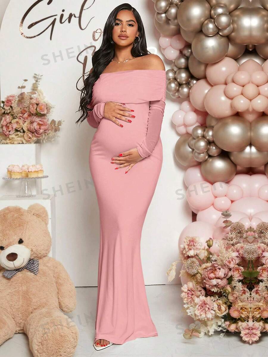 Loomaby Vestido largo de manga larga con hombros descubiertos y cola de pez para baby shower de mujeres embarazadas