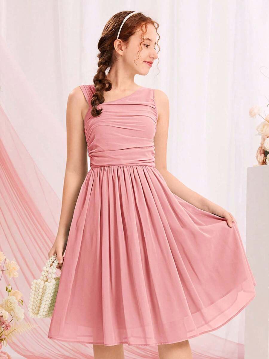 SHEIN Teen Girl Ruched Asymmetrical Neck Dress