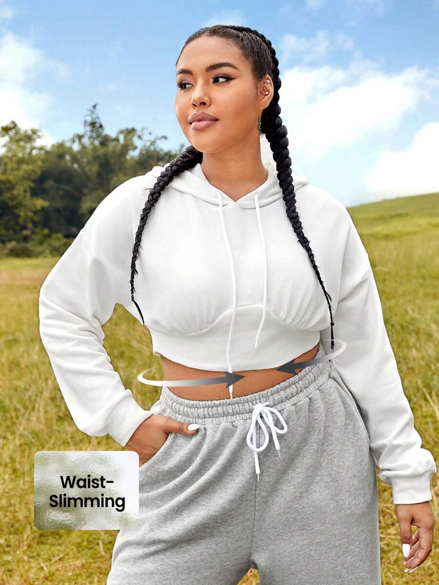 SHEIN Sport Studio Plus Drop Shoulder Drawstring Hooded Crop Sports Sweatshirt