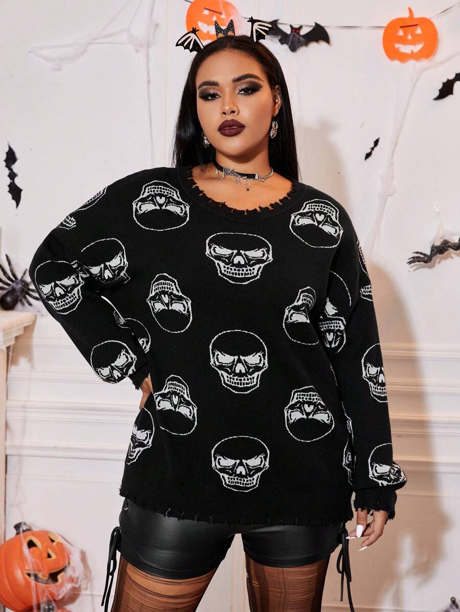 SHEIN EZwear Plus Skull Pattern Drop Shoulder Distressed Sweater
