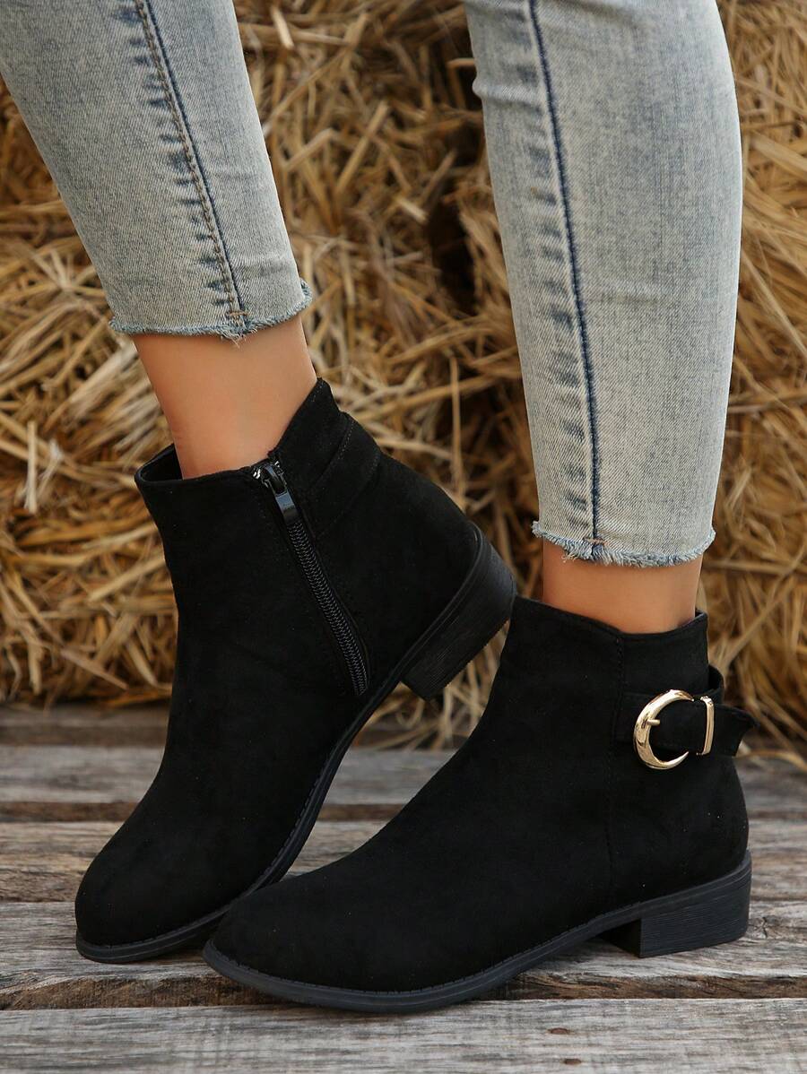 Go With Jeans,Women Zip-Up Round Toe Block Heel Short Boots, Go With Black Corset