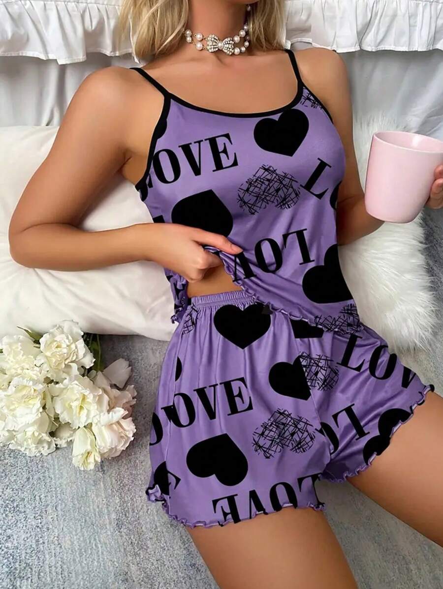 Conjunto de pijama / ropa de descanso con gráfico de corazón y letra, con ribete de hoja de lechuga y contraste de tela