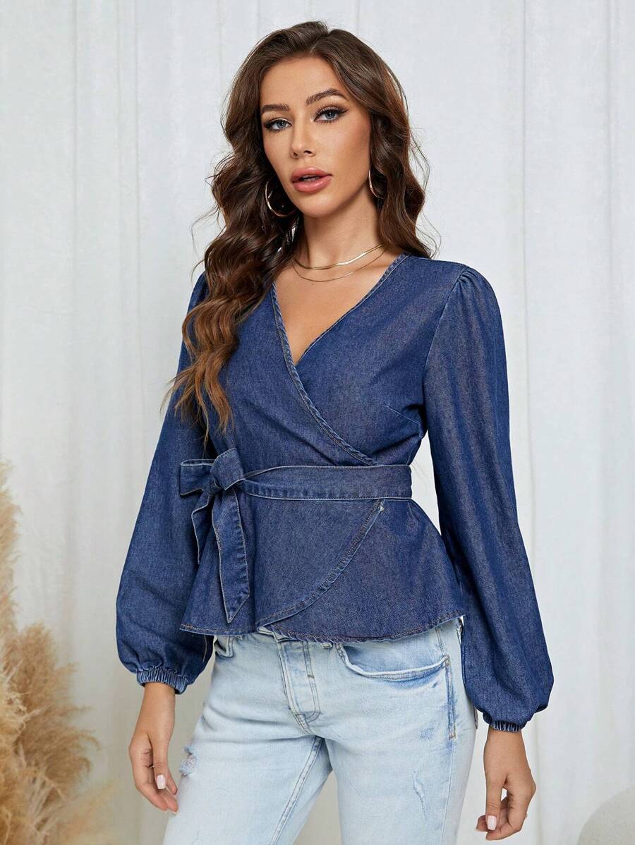 SHEIN LUNE Lantern Sleeve Belted Wrap Denim Top
