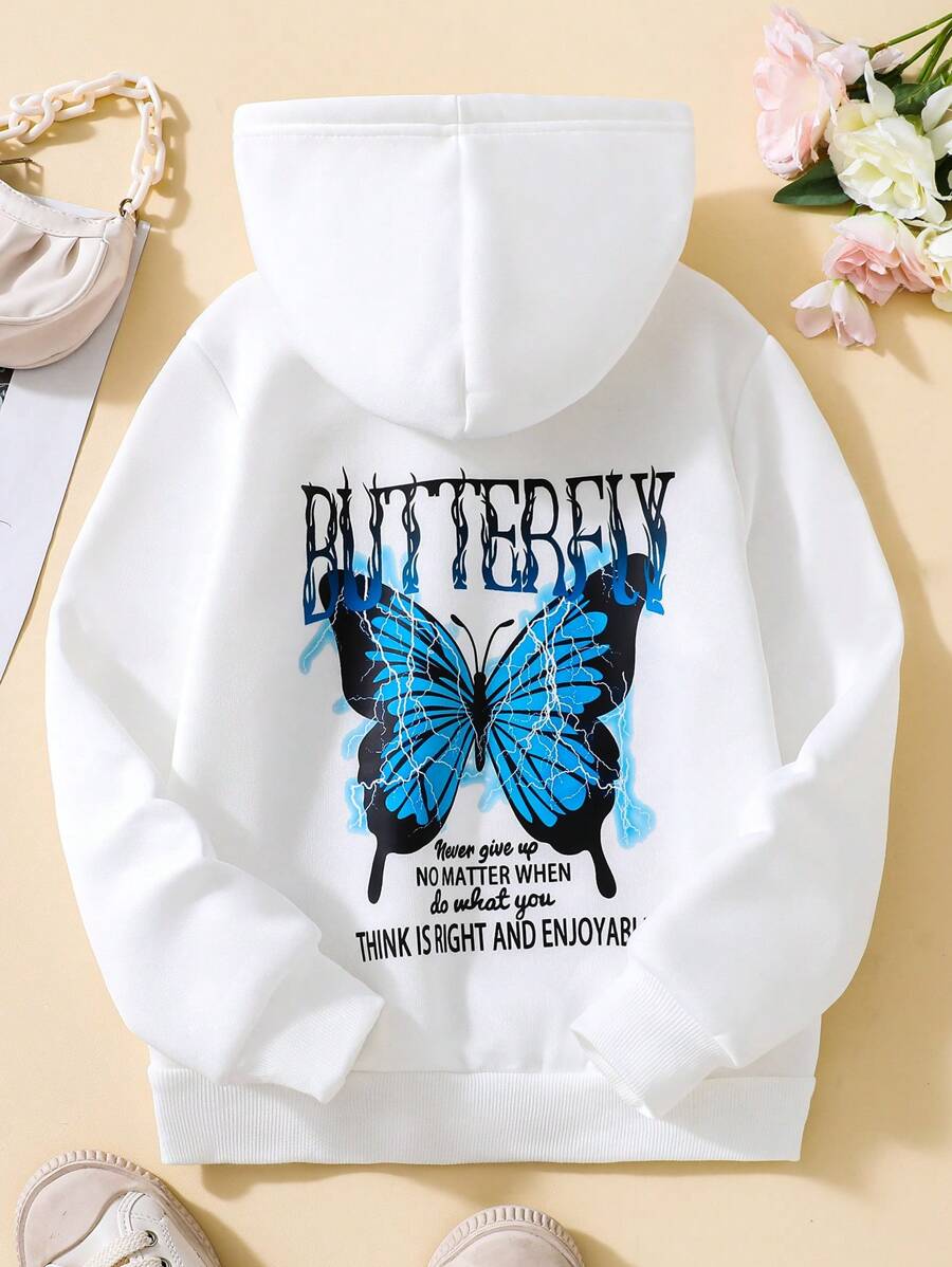 SHEIN Adolescent Fille Sweat-Shirt À Capuche Motif Slogan Et Papillon