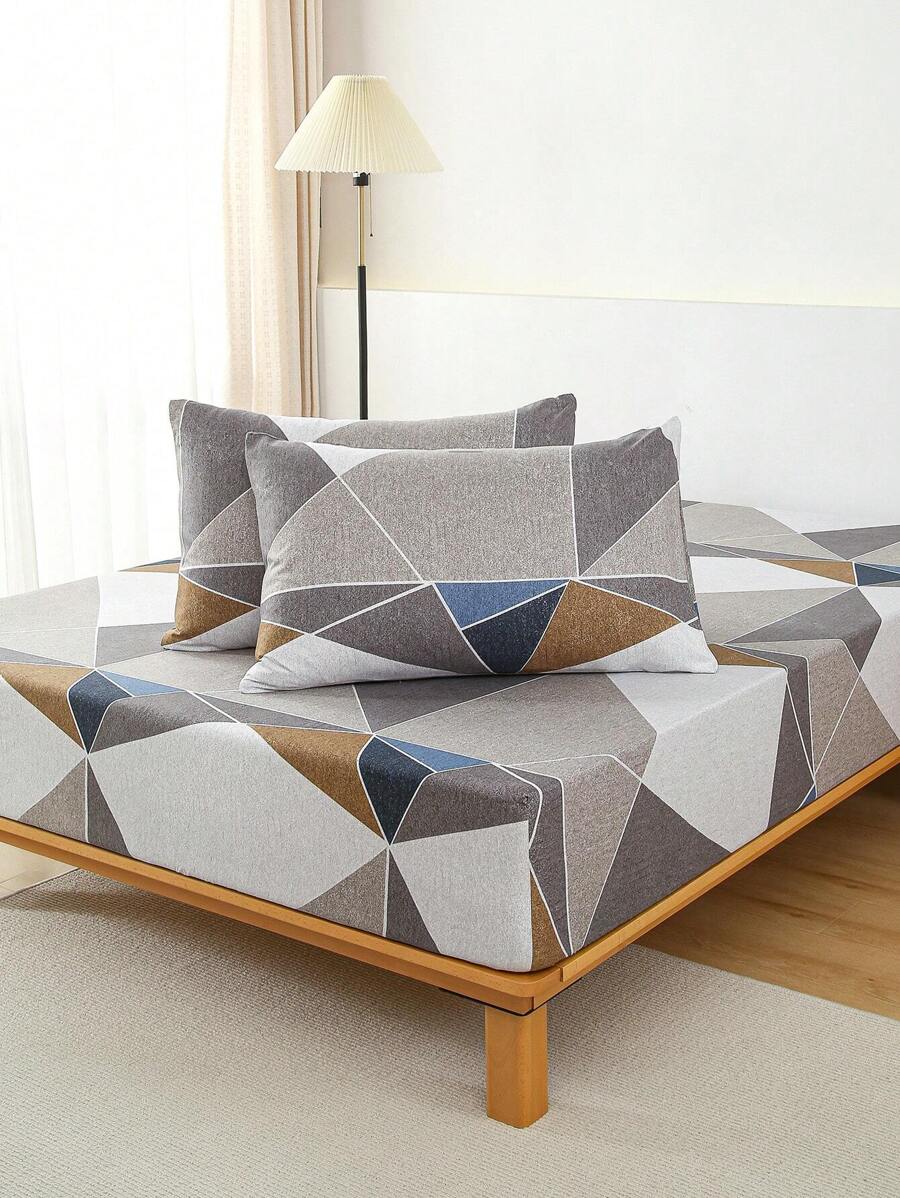 3pcs Fitted Sheet Sets 90g Polyester Fabric Brushed With Geometric Element Pattern, Include 1 Fitted Sheet And 2 Pillowcases