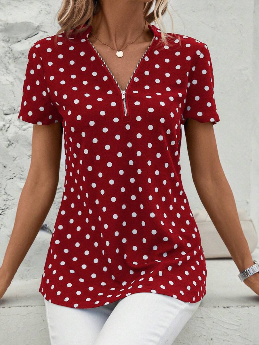 SHEIN Clasi Women's Polka Dot Print Half Zip Spring Blouse