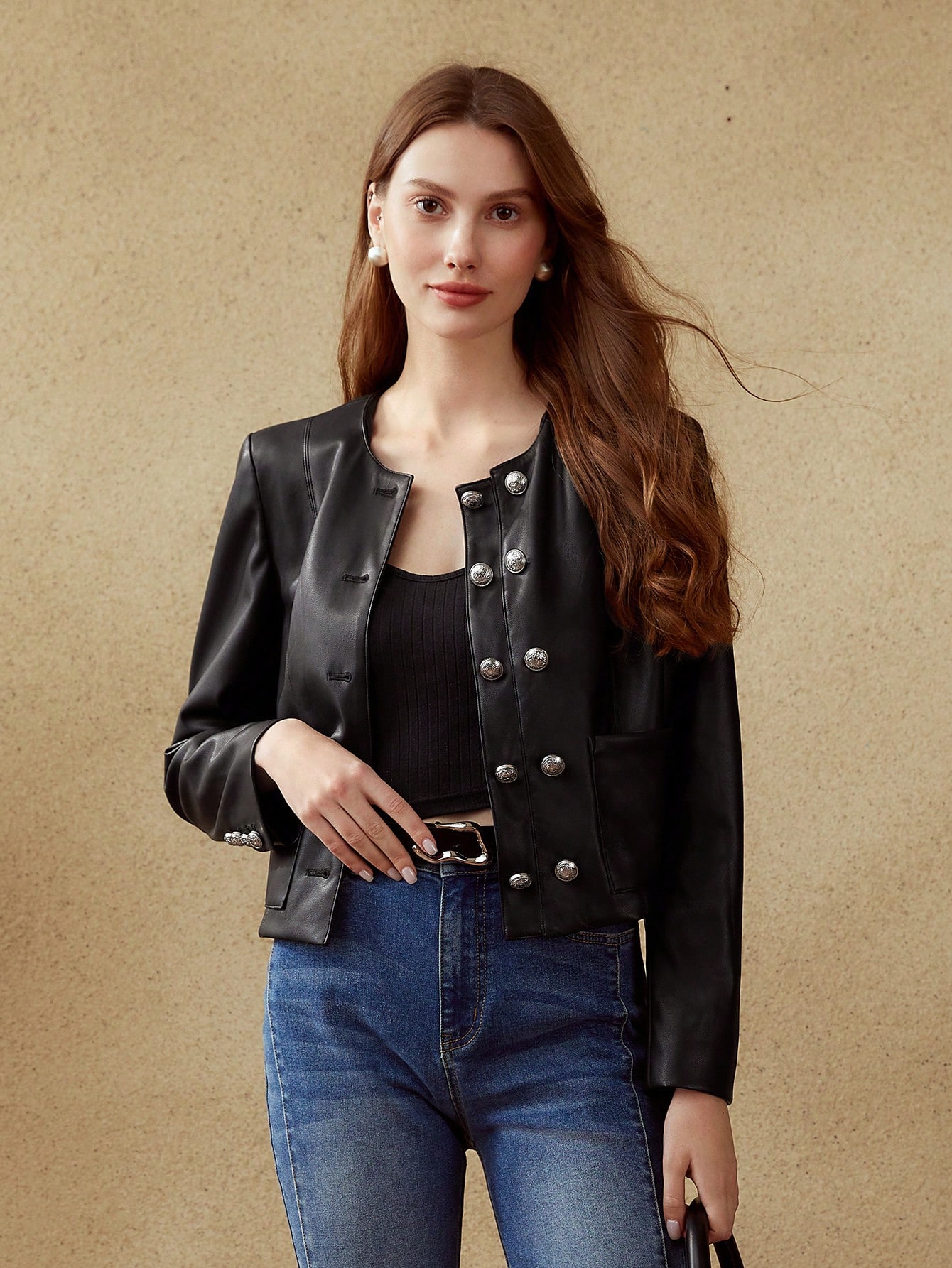 COLLARLESS PU LEATHER JACKET｜Motf