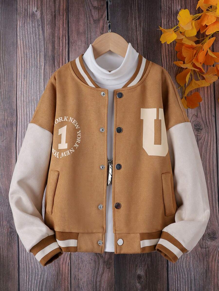 SHEIN Tween Girl 1pc Letter Graphic Striped Trim Drop Shoulder Varsity Jacket