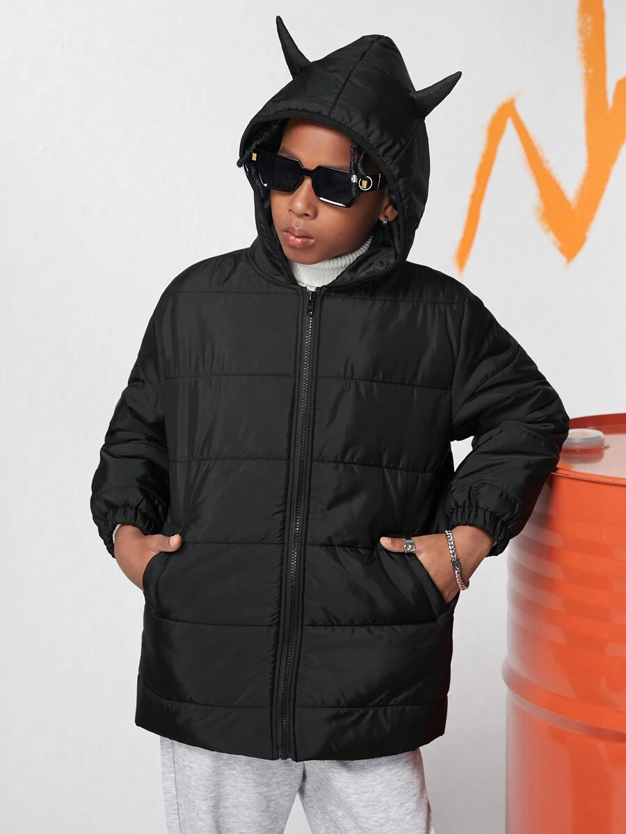 SHEIN Cappotto imbottito con cerniera e design orecchio 3D per ragazzo pre-adolescente