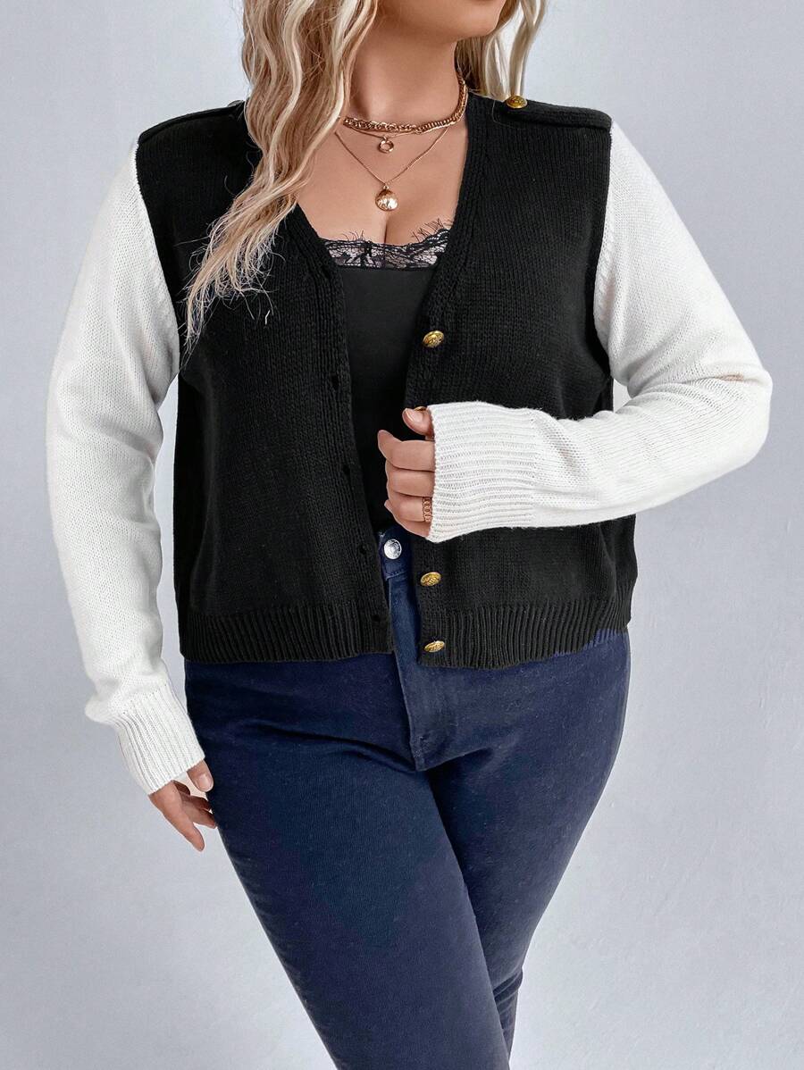 SHEIN LUNE Plus Two Tone Button Front Cardigan