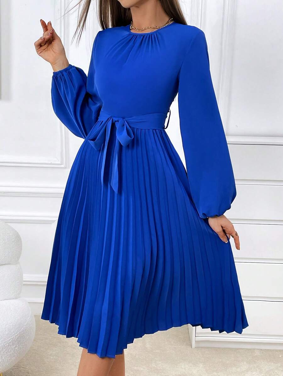SHEIN Privé Lantern Sleeve Pleated Hem Belted Dress