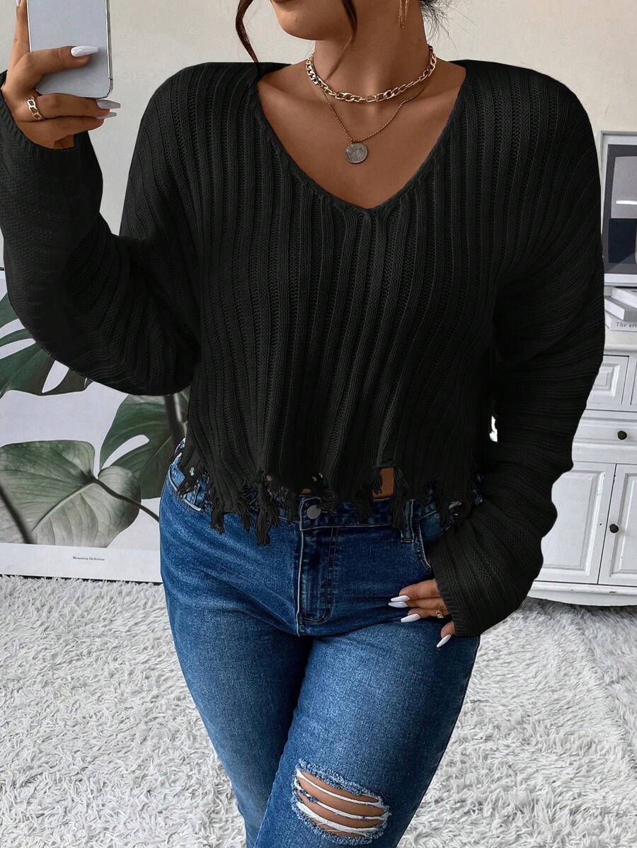 Flirla Plus Distressed Ribgebreide Trui, Voor De Winter