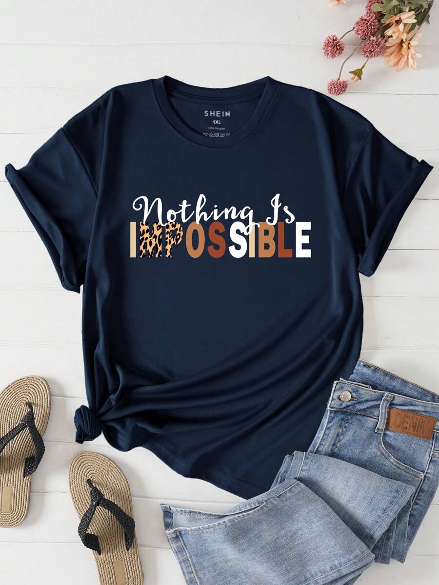 INAWLY Plus Slogan Graphic Tee, Nothing Is IMPOSSIBLE, Women Summer Top