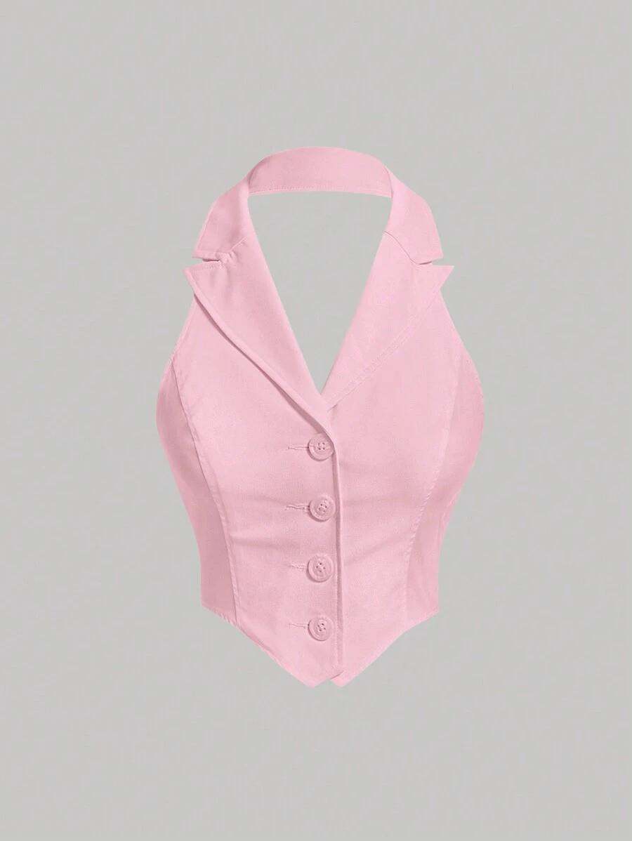 SHEIN MOD Solid Button Front Halter Top