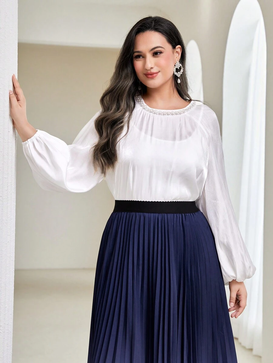 Modelyn Plus Solid Lantern Sleeve Satin Top