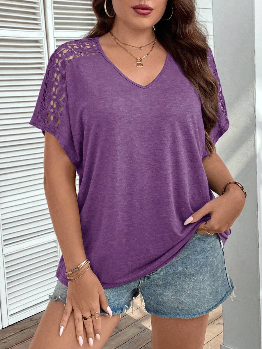 SHEIN Clasi Plus Contrast Lace Dolman Sleeve Tee